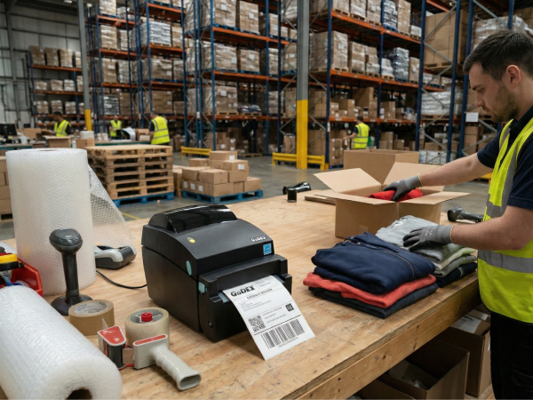 Drukarka GoDEX DT4L drukująca etykietę kurierską