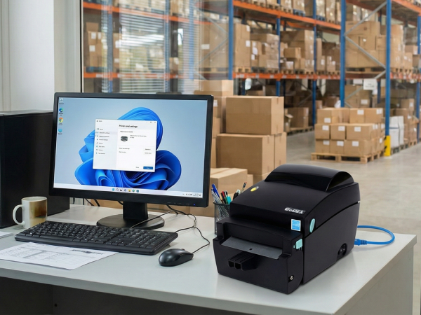 Drukarka GoDEX DT4L z komputerem z systemem Windows i kablem USB