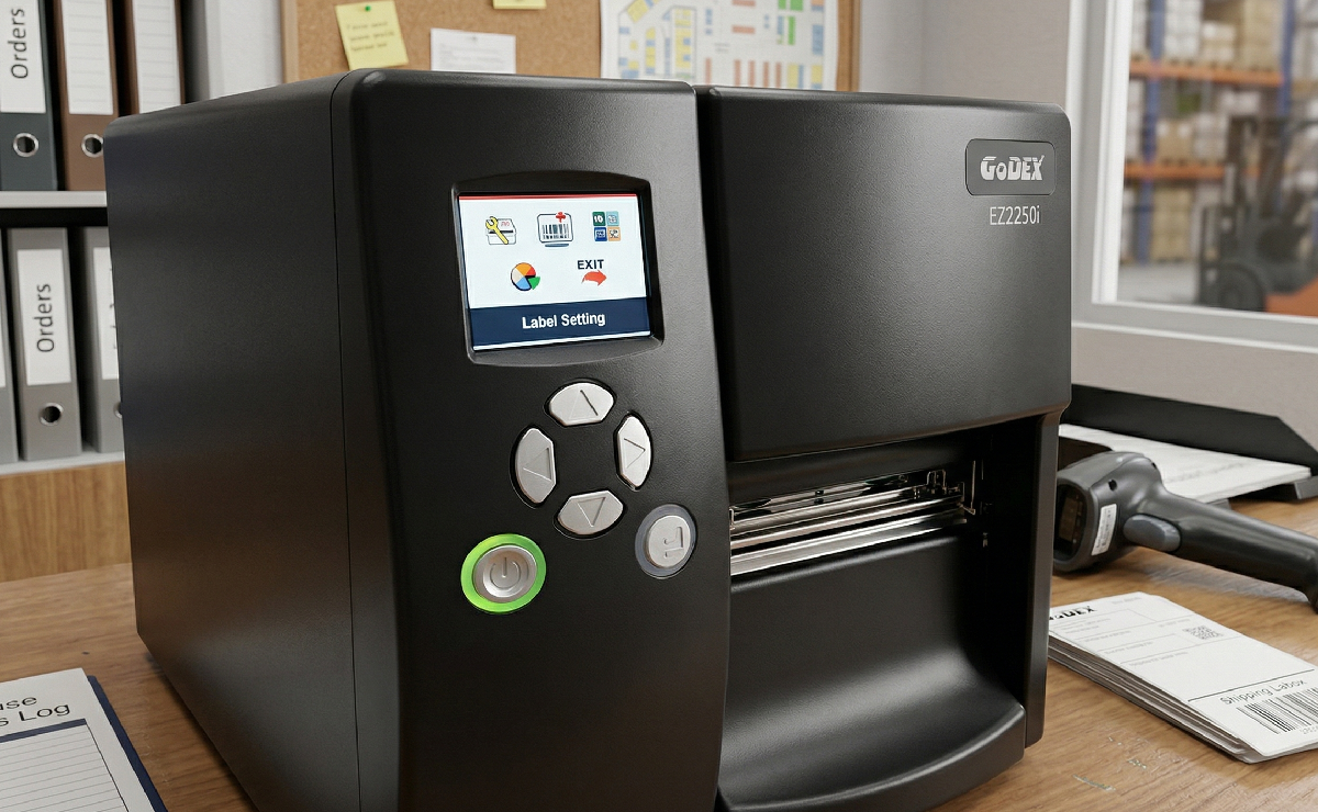 Zbliżenie na wyświetlacz drukarki GoDEX EZ2250i
