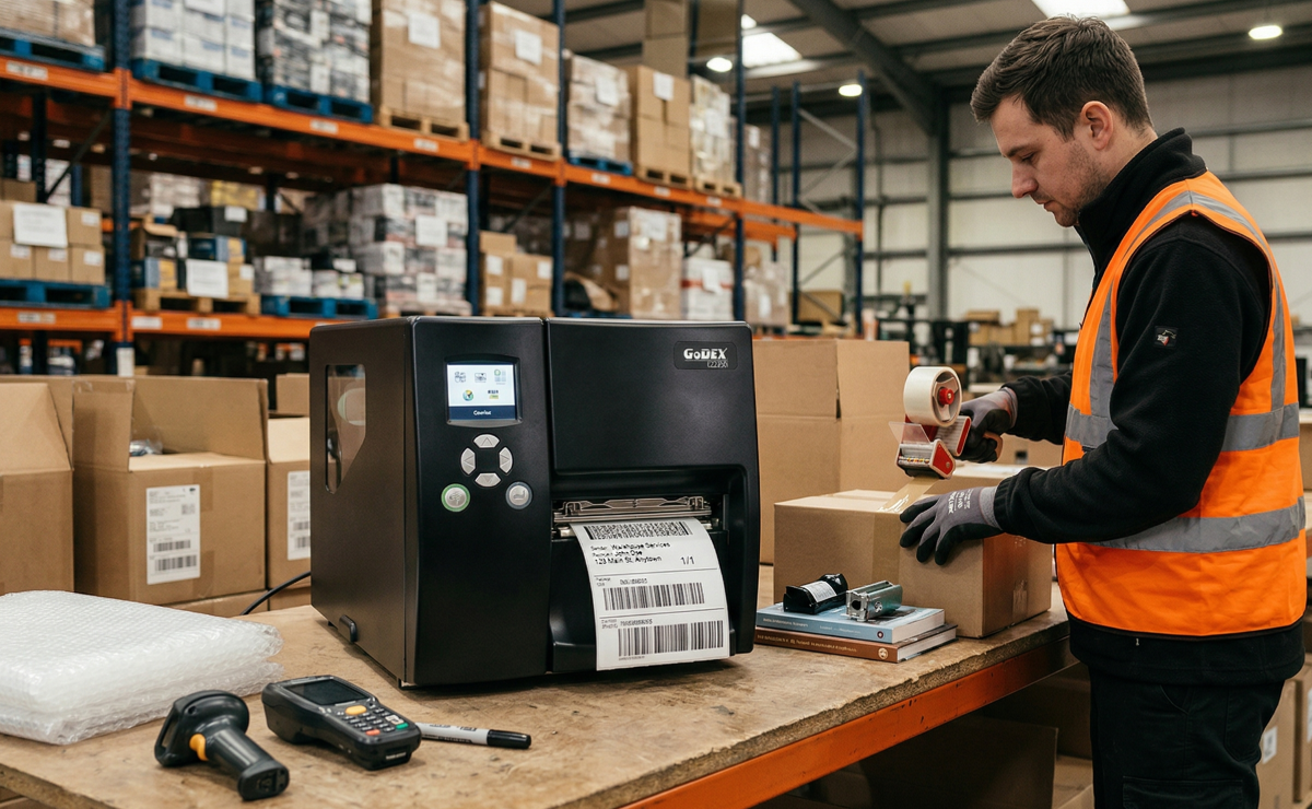 Drukarka GoDEX EZ2250i drukująca etykietę kurierską