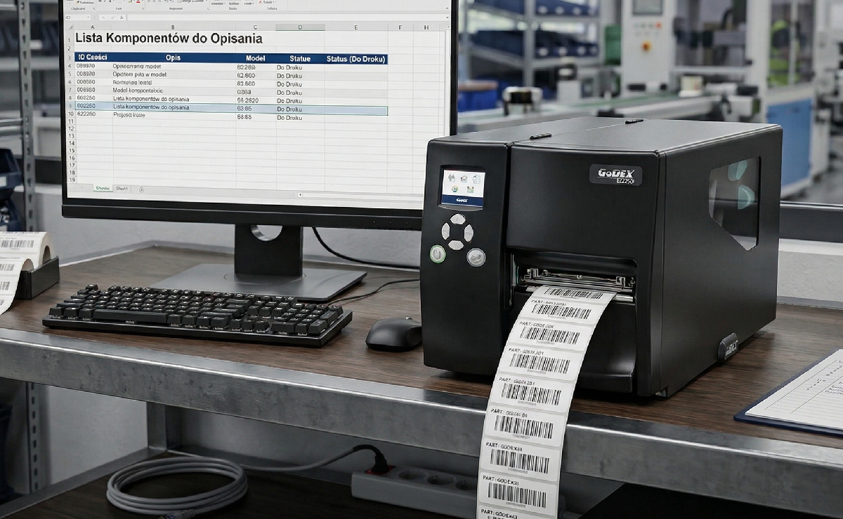Drukarka GoDEX EZ2250i na magazynie z wydrukowanymi etykietami