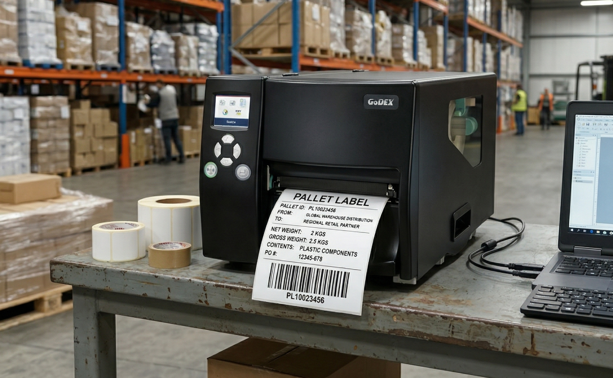 Drukarka GoDEX EZ6350i drukująca etykietę paletową