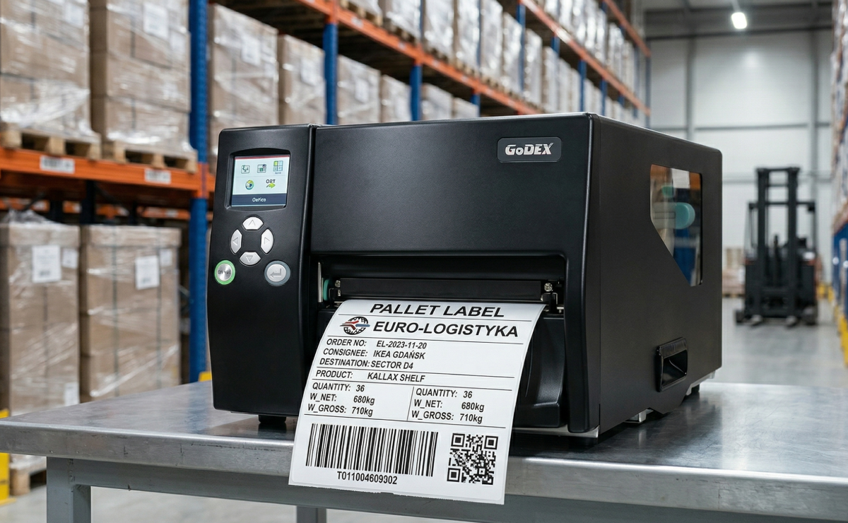 Drukarka GoDEX EZ6350i na magazynie z wydrukowaną etykietą paletową