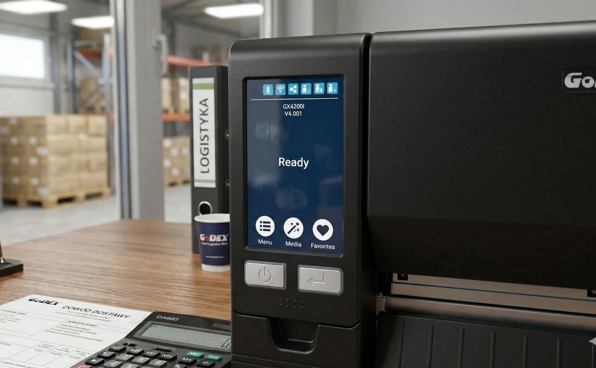 Zbliżenie na wyświetlacz drukarki GoDEX GX4300i