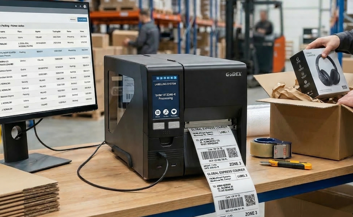 Drukarka GoDEX GX4300i drukująca etykietę kurierską