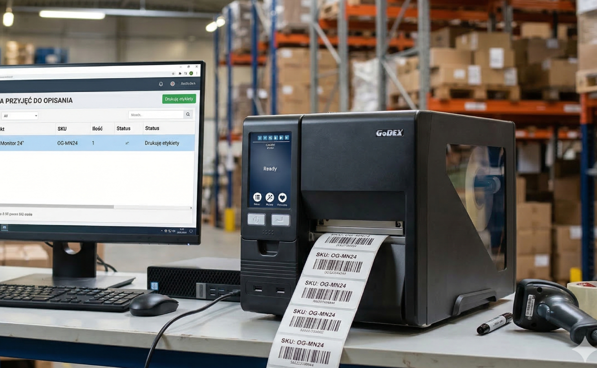 Drukarka GoDEX GX4300i na magazynie z wydrukowanymi etykietami