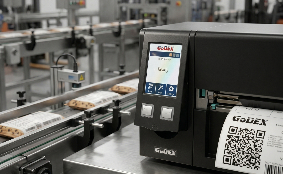 Zbliżenie na wyświetlacz drukarki GoDEX HD830i+