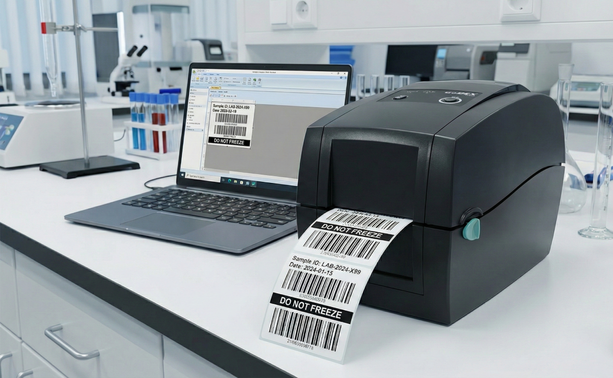 Drukarka GoDEX RT230 drukująca etykiety na produkty