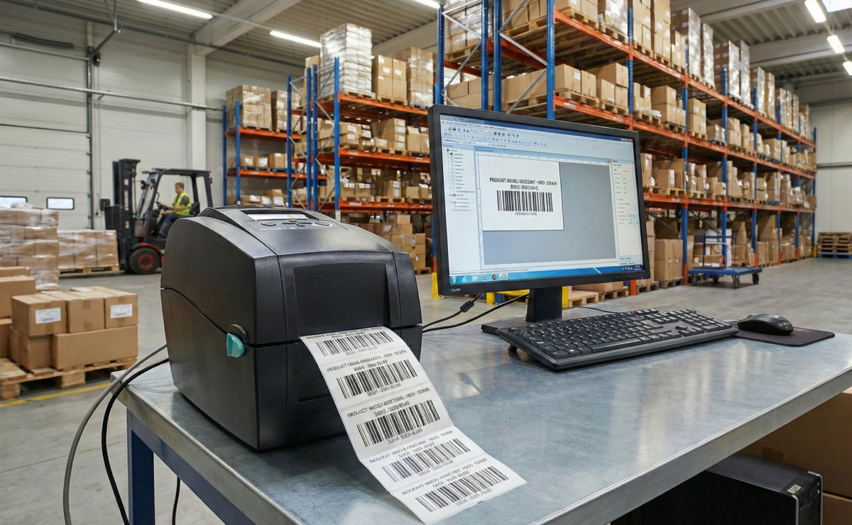 Drukarka GoDEX RT200i drukująca etykiety na magazynie