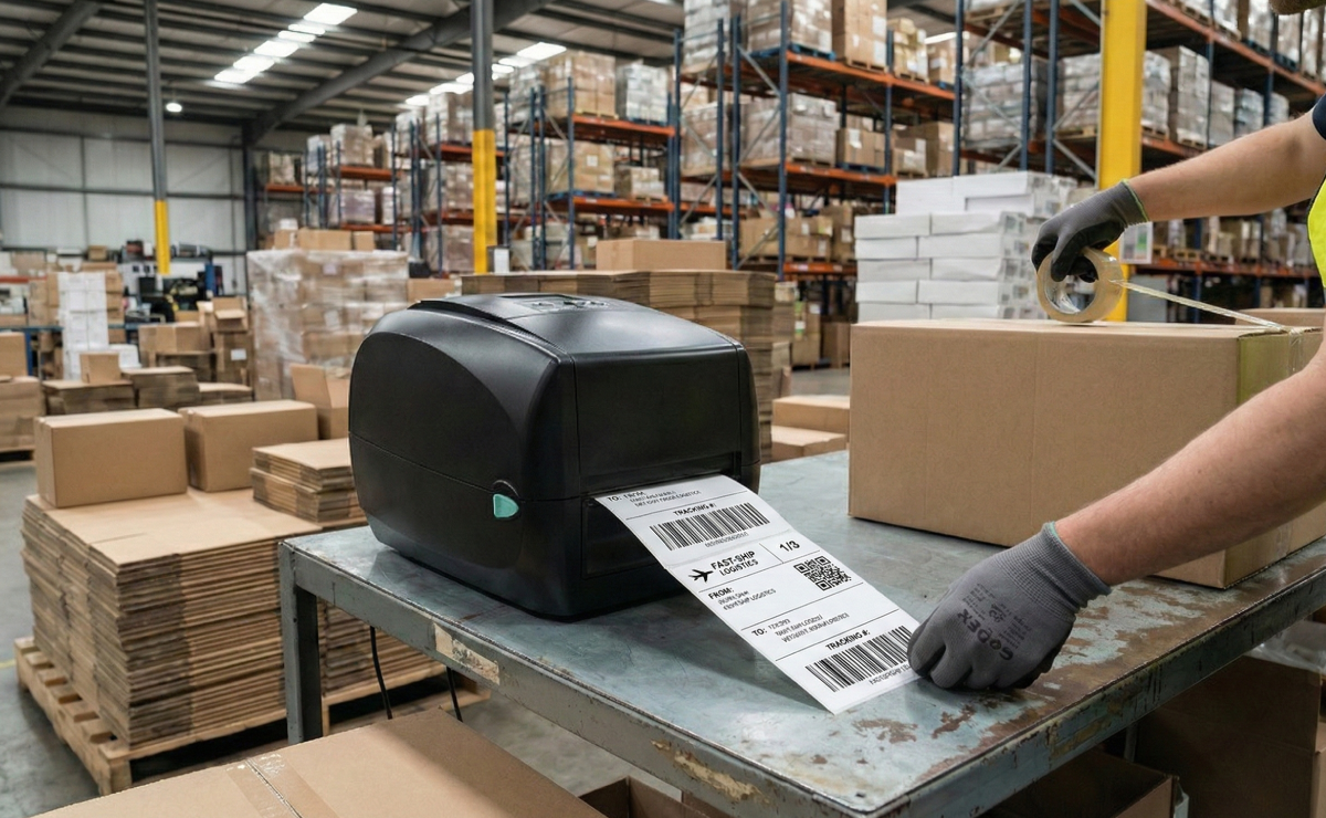 Drukarka GoDEX RT730i PRO drukująca etykietę kurierską