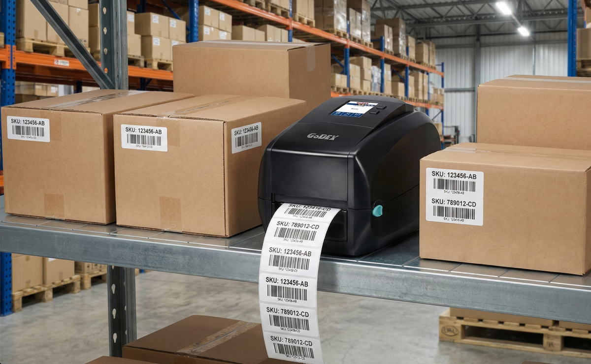 Drukarka GoDEX RT863i PRO drukująca etykiety na produkty w magazynie