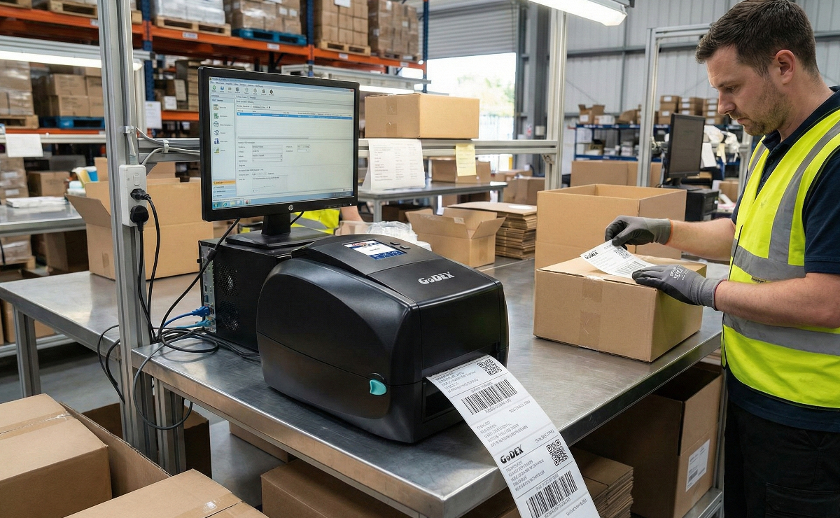 Drukarka GoDEX RT863i PRO drukująca etykietę kurierską