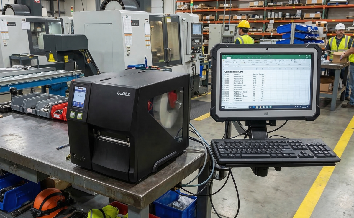 Drukarka GoDEX ZX1200i+ drukująca etykiety na magazynie