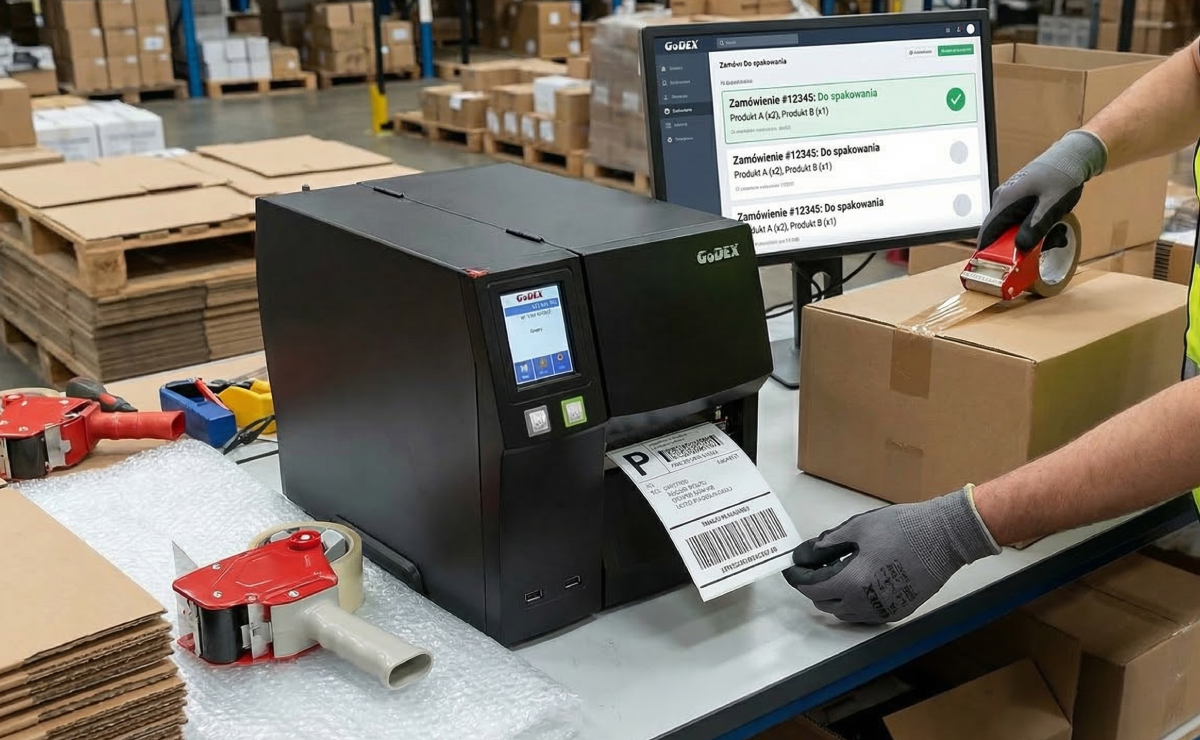 Drukarka GoDEX ZX1200i+ drukująca etykietę kurierską