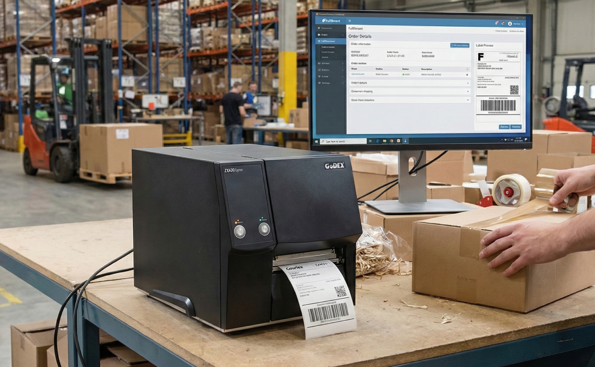 Drukarka GoDEX ZX420 drukująca etykiety
