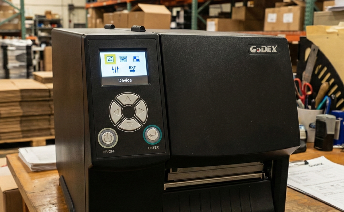 Zbliżenie na wyświetlacz drukarki GoDEX ZX430i+