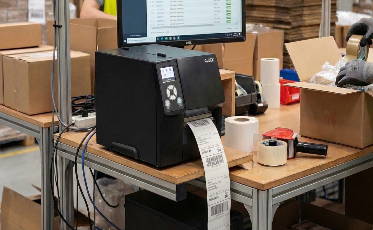 Drukarka GoDEX ZX430i+ drukująca etykietę kurierską