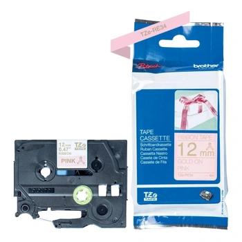 Taśma Brother TZe-RE34 12 mm x 4 m / różowa / złoty nadruk / do drukarek Brother P-touch