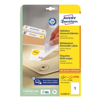 Usuwalne etykiety uniwersalne Avery Zweckform A4 30ark./op. 210 x 297 mm / białe