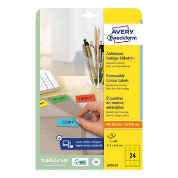 Etykiety usuwalne kolorowe Avery Zweckform A4 20ark./op. 63,5 x 33,9 mm / żółte