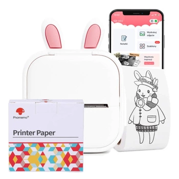 Mini drukarka etykiet Phomemo T02 biała 203 dpi / do 50 mm / Smartfon / BT / z 3 szt. taśm i ETUI Rabbit w zestawie