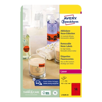 Usuwalne etykiety neonowe Avery Zweckform A4 25ark./op. 99,1 x 38,1 mm / czerwone neonowe