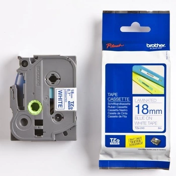 Taśma Brother TZe-243 18 mm x 8 m / biała / niebieski nadruk / do drukarek Brother P-touch