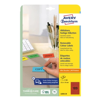 Etykiety usuwalne kolorowe Avery Zweckform A4 20ark./op. 254 x 10 mm / czerwone
