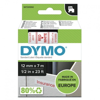 Taśma DYMO D1-45015 12 mm x 7 m / biała / czerwony nadruk / do drukarek DYMO D1