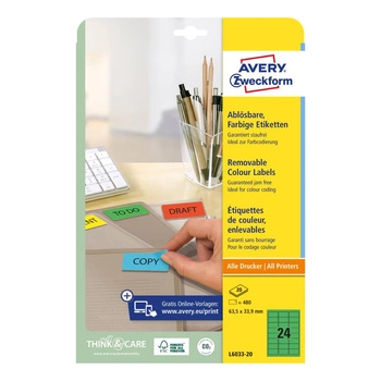 Etykiety usuwalne kolorowe Avery Zweckform A4 20ark./op. 63,5 x 33,9 mm / zielone