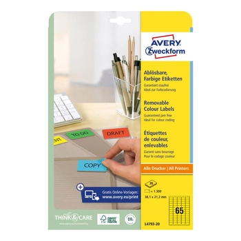 Etykiety usuwalne kolorowe Avery Zweckform A4 20ark./op. 38,1 x 21,2 mm / żółte