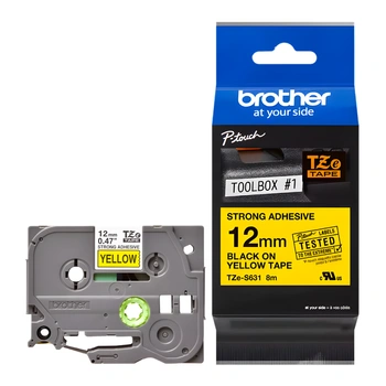 Taśma Brother TZe-S631 12 mm x 8 m / żółta / czarny nadruk / mocny klej / do drukarek Brother P-touch