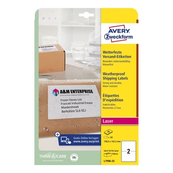Etykiety wysyłkowe odporne na zmiany pogodowe Avery Zweckform A4 25ark./op. 199,6 x 143,5 mm / białe