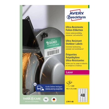 Etykiety polietylenowe ultra resistant Avery Zweckform A4 40ark./op. 45,7x21,2mm białe