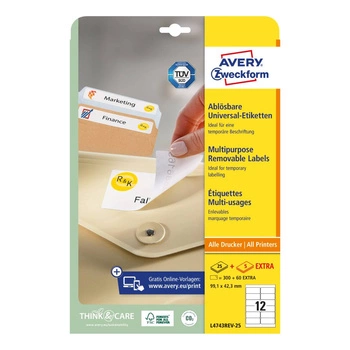 Usuwalne etykiety uniwersalne Avery Zweckform 99,1 x 42,3 mm, atramentowe, laserowe, kolorowe, A4