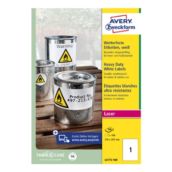 Etykiety Heavy Duty Avery Zweckform A4 100ark./op. 210 x 297 mm / białe / poliestrowe