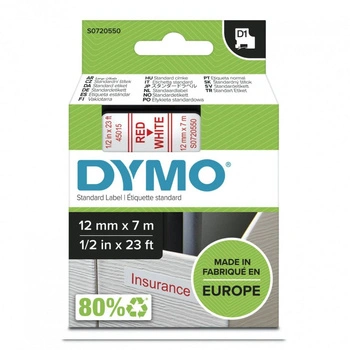 Taśma DYMO D1-45015 12 mm x 7 m / biała / czerwony nadruk / do drukarek DYMO D1