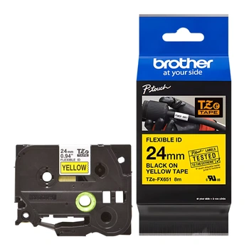 Taśma Brother TZe-FX651 24 mm x 8 m / flexi elastyczna / żółta / czarny nadruk / do drukarek Brother P-touch