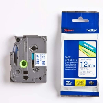 Taśma Brother TZe-233 12 mm x 8 m / biała / niebieski nadruk / do drukarek Brother P-touch