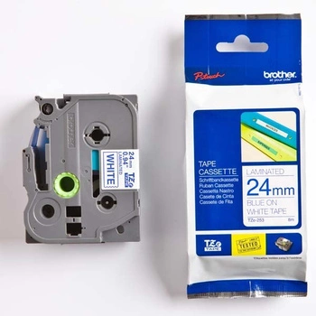 Taśma Brother TZe-253 24 mm x 8 m / biała / niebieski nadruk / do drukarek Brother P-touch