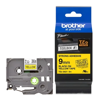 Taśma Brother TZe-S621 9 mm x 8 m / żółta / czarny nadruk / mocny klej / do drukarek Brother P-touch