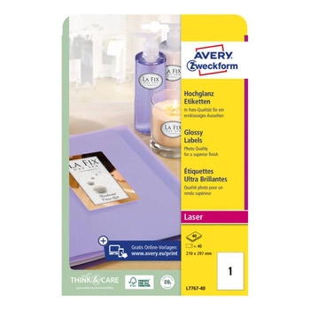Etykiety błyszczące Avery Zweckform A4 40ark./op. 210 x 297 mm / białe