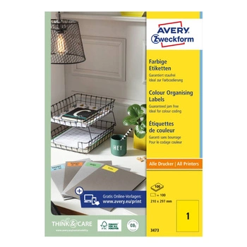 Etykiety trwałe kolorowe Avery Zweckform A4 100ark./op. 210 x 297 mm / żółte