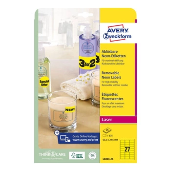 Usuwalne etykiety neonowe Avery Zweckform A4 25ark./op. 63,5 x 29,6 mm / żółte neonowe