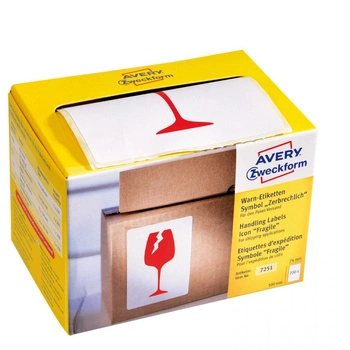 Ostrzegawcze etykiety wysyłkowe Avery Zweckform 'Ostrożnie szkło' w dyspenserze 200etyk./op. 74 x 100 mm / czerwone
