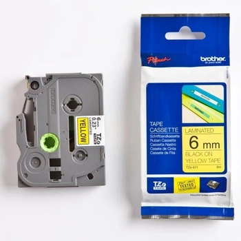 Taśma Brother TZe-611 6 mm x 8 m / żółta / czarny nadruk / do drukarki etykiet Brother P-touch
