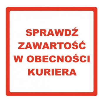 Etykiety termotransferowe Specmark 85 x 85 mm 500 szt. / ostrzegawcze / SPRAWDŹ ZAWARTOŚĆ W OBECNOŚCI KURIERA / gilza fi40