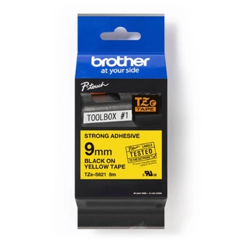 Taśma Brother TZe-S621 9mm x 8m / żółta / czarny nadruk / mocny klej / do drukarki etykiet Brother P-touch