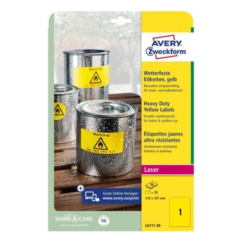 Etykiety Heavy Duty Avery Zweckform A4 20ark./op. 210 x 297 mm / żółte / poliestrowe
