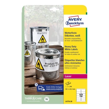 Etykiety Heavy Duty Avery Zweckform A4 20ark./op. 99,1 x 42,3 mm / białe / poliestrowe - USUWALNE